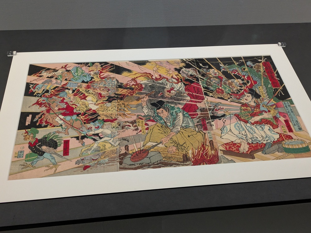 河鍋暁斎 名鏡倭魂新板 化け物が退散する錦絵三枚続